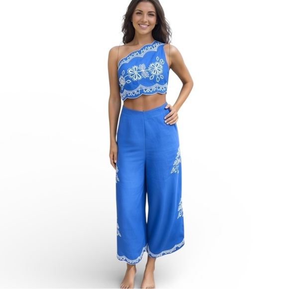FARM Rio Pants - FARM Rio Anthropologie One Shoulder Cut Out Embroidered Linen Jumpsuit Blue M